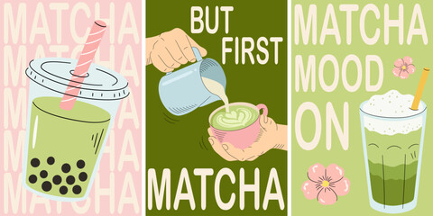 Set of three aesthetic matcha green tea vector banners with bubble tea, latte art pouring, and iced latte drink illustrations