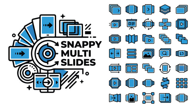 Snappy multi slides icon set, blue and black presentation slide transitions, 40 vector icons for digital slideshows and video editing