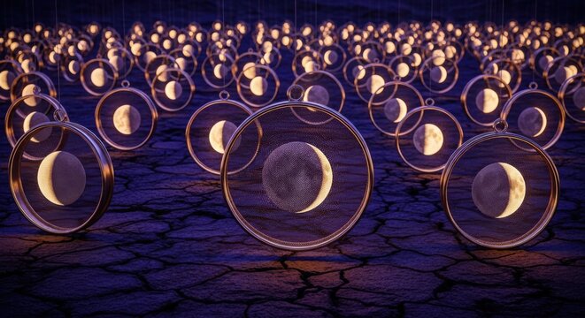 Glowing moon orbs, lunar spheres, night sky, purple background