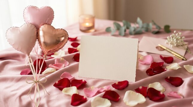 Valentine card mockup with pink heart balloons and rose petals on satin fabric for romantic greeting, commercial Adobe Stock photo, high demand searchable concept, neutral unbranded scene, useful copy