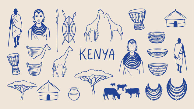 kenya travel wildlife safari pattern, iconic african historic wildlife background, traditional kenya landscape life illustration, african culture travel souvenir print, historic wildlife landscape art