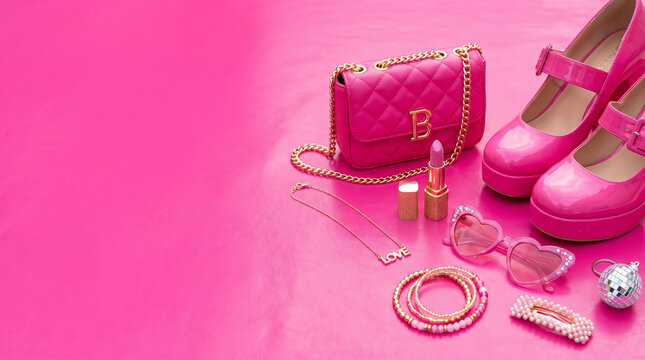 vibrant barbiecore fashion flatlay featuring pink quilted handbag mary jane platform heels glitter lipstick and heart sunglasses on magenta background with copy space