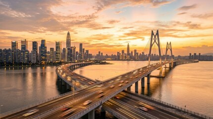 Fototapeta premium Shenzhen Bay Bridge at sunset in China, sweeping infrastructure landscape with warm sky, water reflections and modern transport elegance in golden light, high resolution, soft natural light, realistic