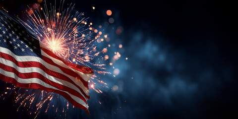 Obraz premium US flag and fireworks background with copy space, USA 250th anniversary, Fourth of July american Independence day or national holiday celebration