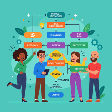 Diverse professional team collaborating on a project management workflow process chart illustration.