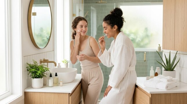 Girls doing morning routine in bathroom, contemporary lifestyle portrait for emotional storytelling, fashion, wellbeing and modern commercial campaigns with polished mood and approachable visual