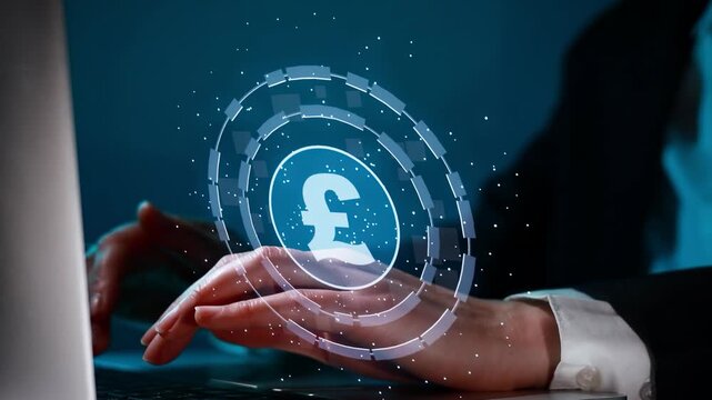 Hands typing on a laptop with a digital money symbol and encryption elements present during a late night working session