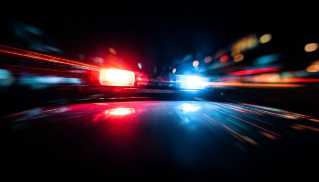 Emergency lights flash brightly on a police vehicle, illuminating the dark streets at night