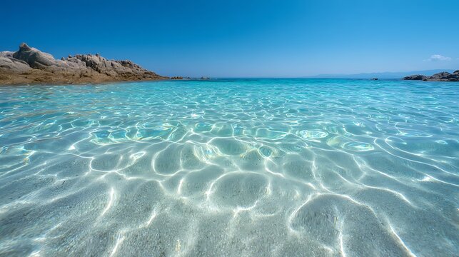 Shallow turquoise ocean water over white sand with bright sunlight caustics and rocky coast, ideal for luxury travel and summer templates