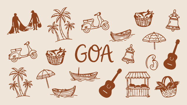 goa travel beach culture pattern, iconic goa historic temple background, traditional goa coastal life illustration, indian coastal culture travel souvenir print, historic beach landscape art set, goa 