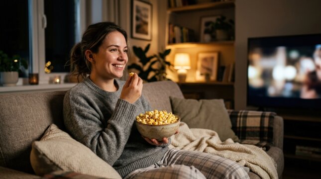 Woman with tasty popcorn watching movie on sofa at home late in evening, commercial stock photo concept for home cinema, streaming entertainment, cozy lifestyle, movie night snacks and family leisure