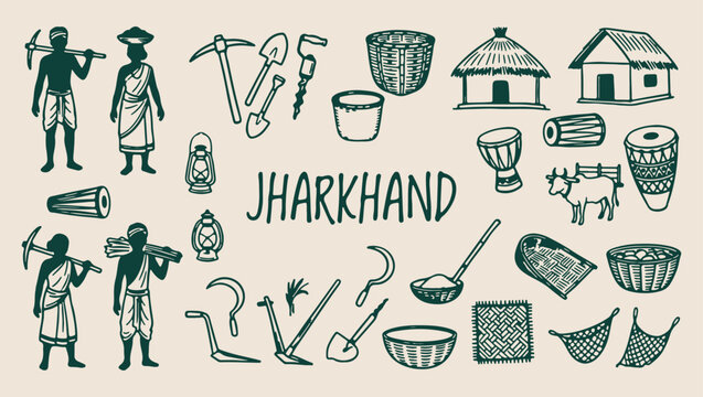 jharkhand state travel culture pattern, traditional indian tribal background, rural jharkhand life travel illustration, indian tribal culture travel print, tribal life village sketch set, jharkhand to