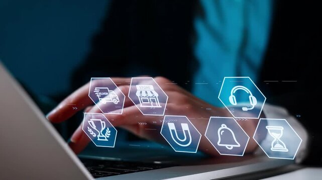 Hands typing on a laptop with digital icons representing different services and activities in a modern workspace setting