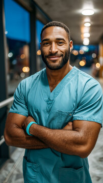 Smiling male doctor, strong and capable, urban setting