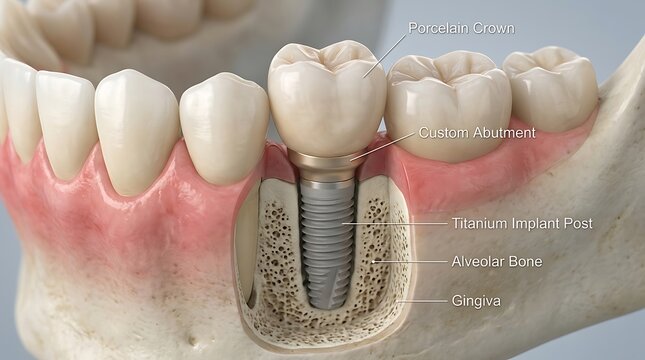 Cross section model of dental implant in human jaw bone anatomy