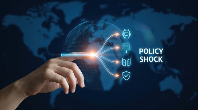 AI as Macro Variable - A hand splits an AI-powered trade route into regional lanes with policy barriers on a clean, minimal digital interface.