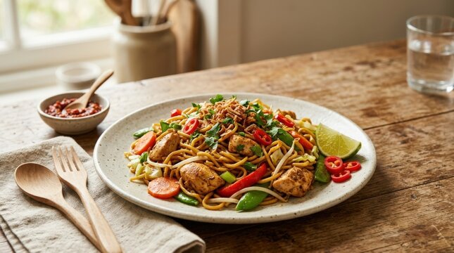 Fried noodles with chicken meat and vegetables, Bami Goreng, Indonesian dish, homemade food photography, commercial stock image, natural light, clean plating, neutral unbranded tableware, appetizing