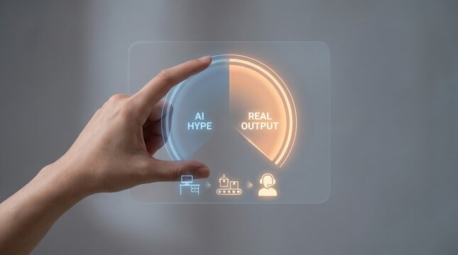 AI as Macro Variable - A hand adjusts a productivity gauge on a minimal interface, representing real AI workflow efficiency versus hype, with illuminated workflow indicators.