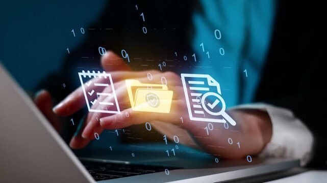 Hands work on laptop with data symbols in a digital setting during a late morning session