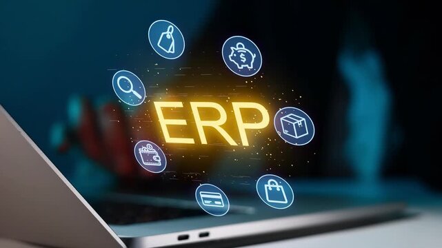 Highlight of ERP system on laptop screen with various icons representing business functions and applications in a dark setting