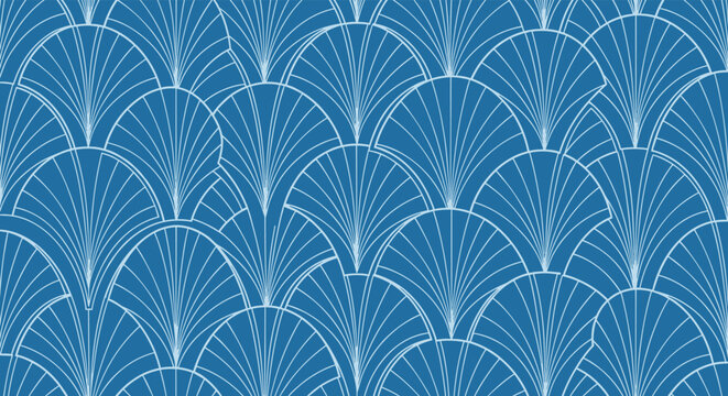 Seamless art deco pattern featuring elegant white fan shapes on a blue background for sophisticated background design.