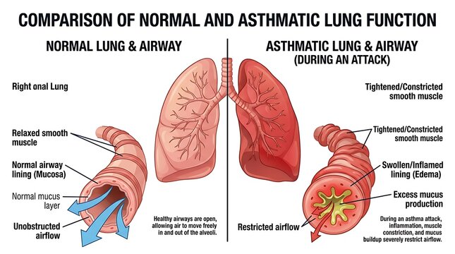 Medical diagram comparing normal lung function and asthmatic airway