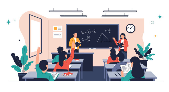 Students in a classroom raising hands to answer questions while teachers stand at a blackboard with math equations.