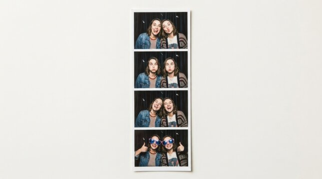 Instant film photo booth strip of two friends making faces, funny friendship snapshots with candid expressions and retro party energy, polished stock photo aesthetic, clean commercial composition with