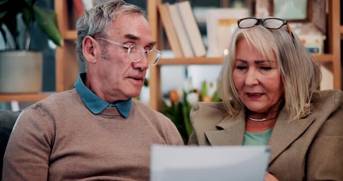 Home, document or senior couple with debt crisis, mortgage planning and shock for tax expenses. House, elderly man and woman with budget paperwork, retirement bills and wtf for inflation cost