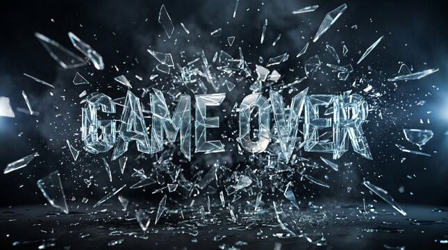 Exploding Ice Glass Game Over Text in Dramatic High Contrast Studio Lighting