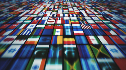 World Countries Flags Design Background Illustration of a design abstract 3d background with international world flags icons mosaic shifting and speed effect along with depth of blur © benchart