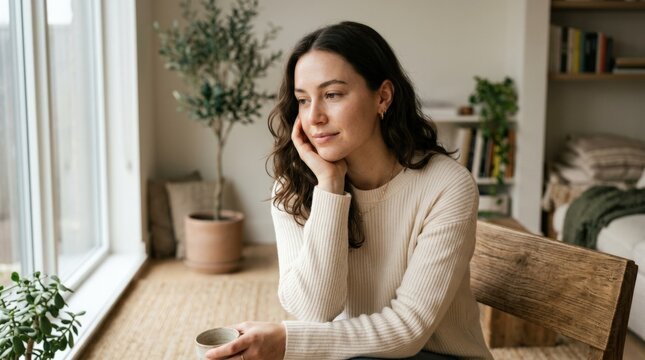 Portrait of a thoughtful young woman with a calm expression, clean lifestyle portrait, introspection, natural beauty, emotional subtlety and modern editorial mood in a simple composition with soft
