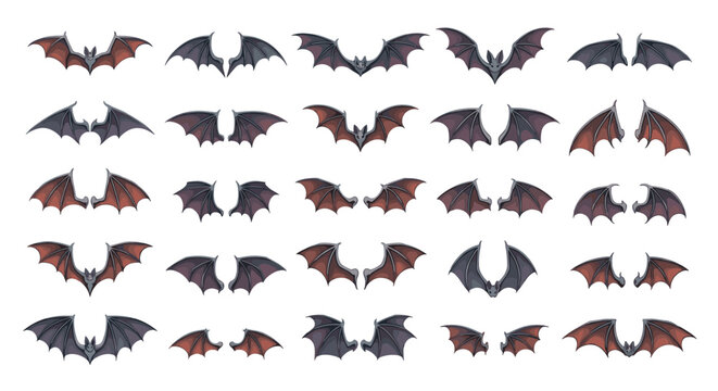 Set of different bat and dragon wing silhouettes and detailed illustrations for halloween or dark fantasy themed graphic designs.