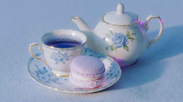 Stylized Bridgerton afternoon tea scene glowing with violet, cyan, and pink neon light