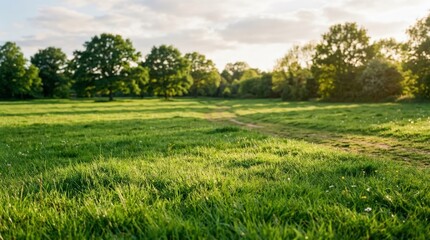 Obraz premium Film-style image of a green lawn, minimal outdoor texture with fresh grass, soft sunlight and nostalgic natural atmosphere for background or lifestyle themes, high resolution, soft natural light,