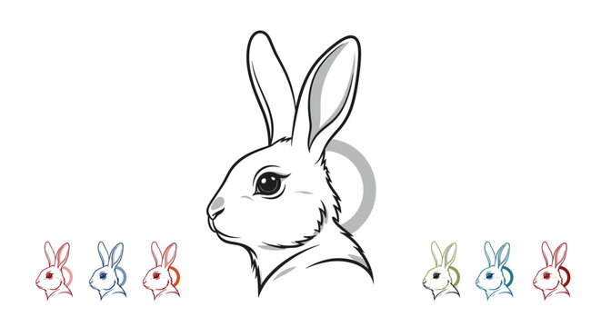 Set of rabbit head profile icons showing a large black and white hare and smaller colorful circular animal symbols for logos.