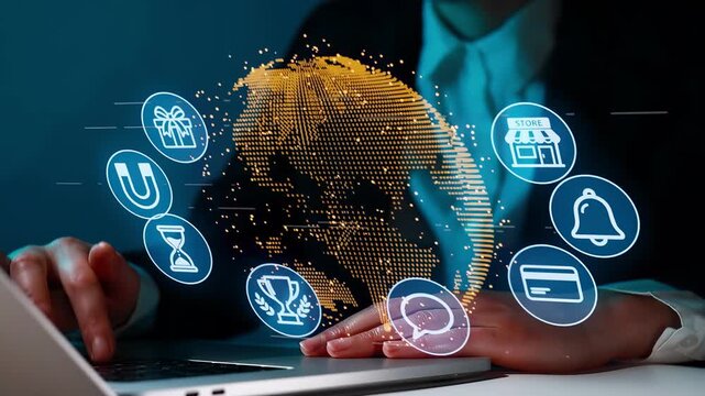 Business person working on a laptop with digital icons over a world map at a desk in an office during evening hours