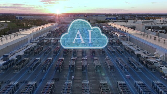 Aerial of hyperscale data center at sunset with AI cloud computing infrastructure. 3D digital graphic visualization