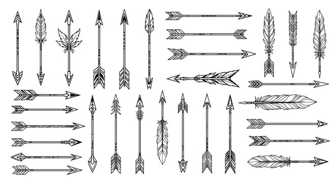 Large collection of diverse tribal and decorative arrows with various fletching and tip designs presented in a hand drawn sketch style.