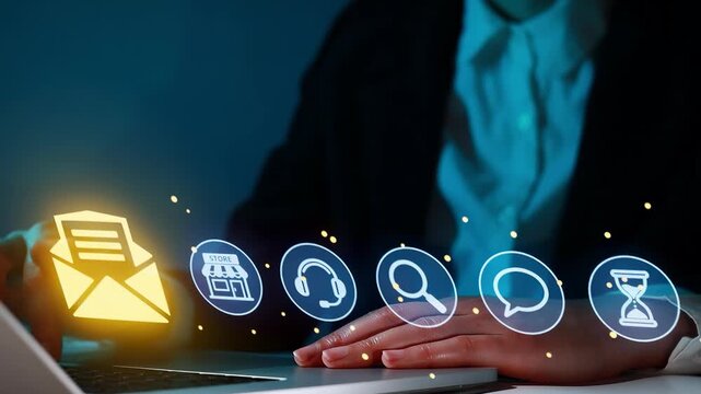 User interacts with digital interface displaying various icons related to email and online activities at night