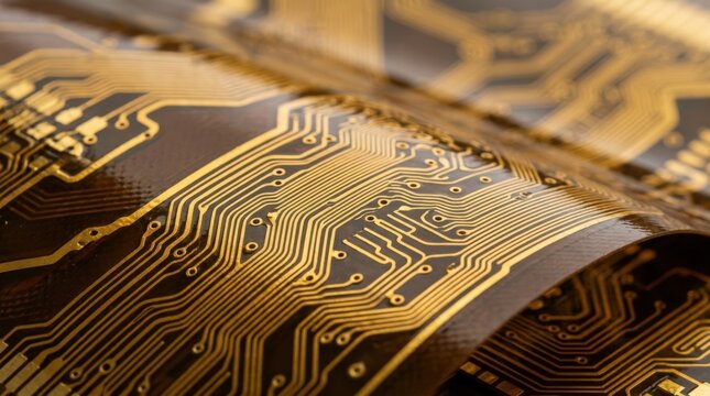 Gold flexible printed circuit board technology background, abstract macro detail, electronics pattern, conductive traces, futuristic hardware texture, clean unbranded setting, natural colors, soft