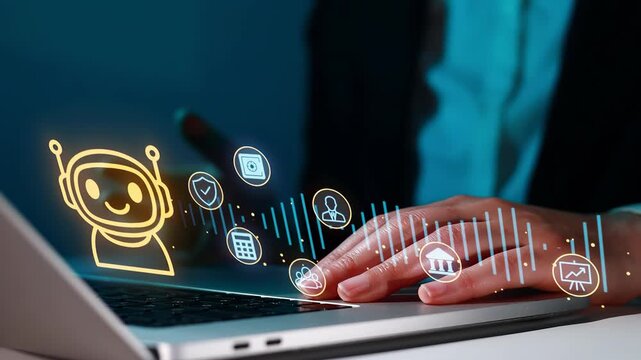 Hands typing on a laptop with a digital chatbot graphic on the screen in a dark room during evening hours