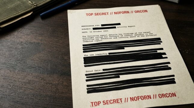 Top secret classified document with black redacted text for commercial stock photography, neutral unbranded scene, clear copy space, authentic detail, high demand concept, realistic textures,