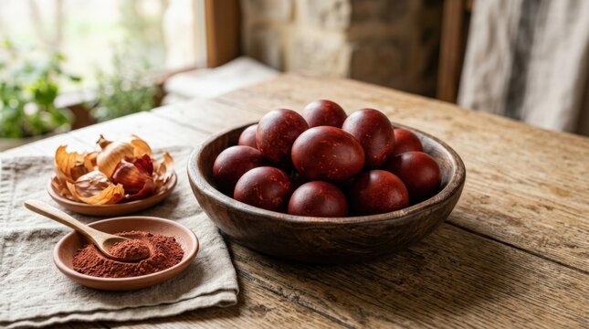 Red painted Easter eggs in wooden bowl with madder dye powder and onion husks, Georgian tradition, natural light, clean commercial food styling, neutral unbranded tableware, appetizing realistic