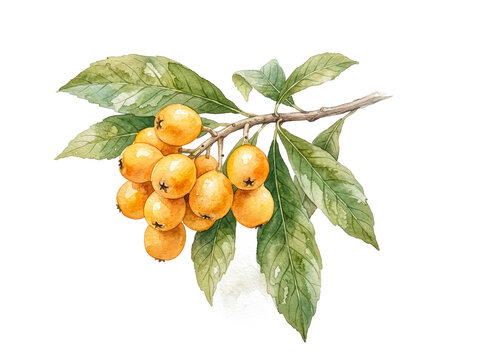 A heavy cluster of ripe loquat fruits on a branch extending from the right, watercolor illustration