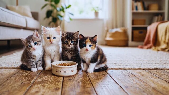 Four adorable diverse fluffy kittens sitting together in a row behind a pet food bowl in a cozy living room.