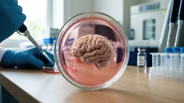 Lab grown mini brain organoid in culture dish, neuroscience research specimen, organoid culture, biotechnology breakthrough, petri dish, commercial stock photography, authentic detail, fresh
