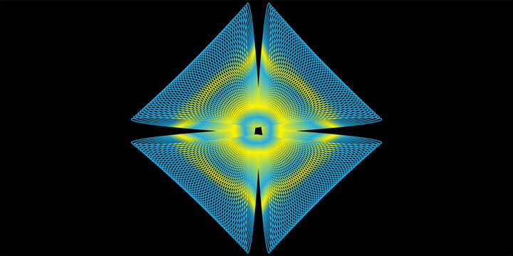 Abstract geometric radial pattern with blue and yellow gradient lines on black. Futuristic symmetrical wireframe shape for web design, advertising, and corporate presentation backgrounds.
