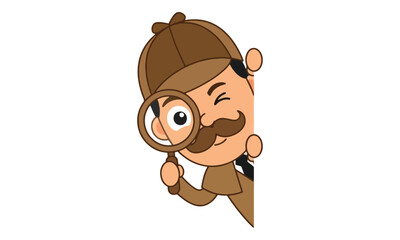 Naklejka premium Detective Character Peeking with Magnifying Glass Behind Edge