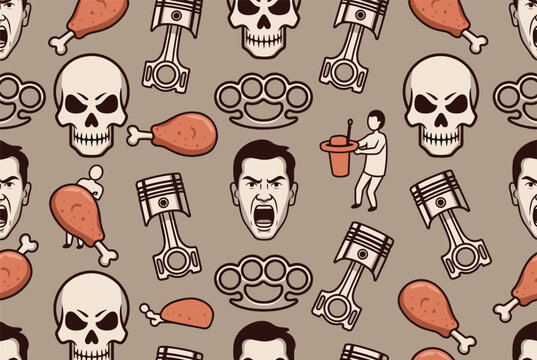 Fierce pattern design including an angry man's face, skulls, chicken drumsticks, pistons, and brass knuckles.